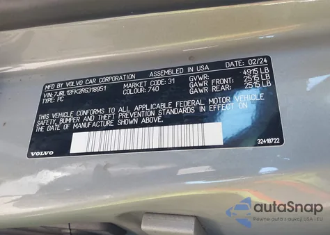2024 Volvo S60 B5 Core Dark Theme from USA, damaged, VIN 7JRL12FK2RG318951